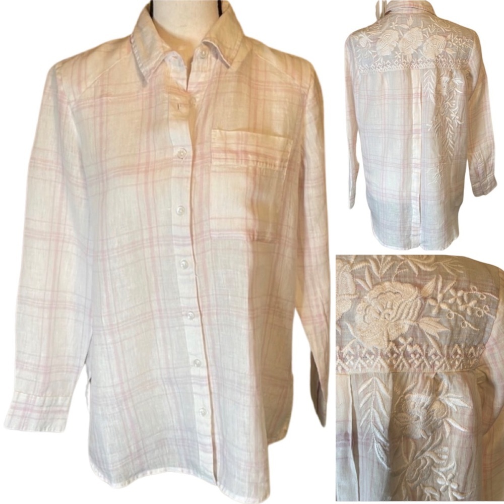Kyla Seo White & Pink Linen Handmade Shirt with Embroidered Flowers Size Small